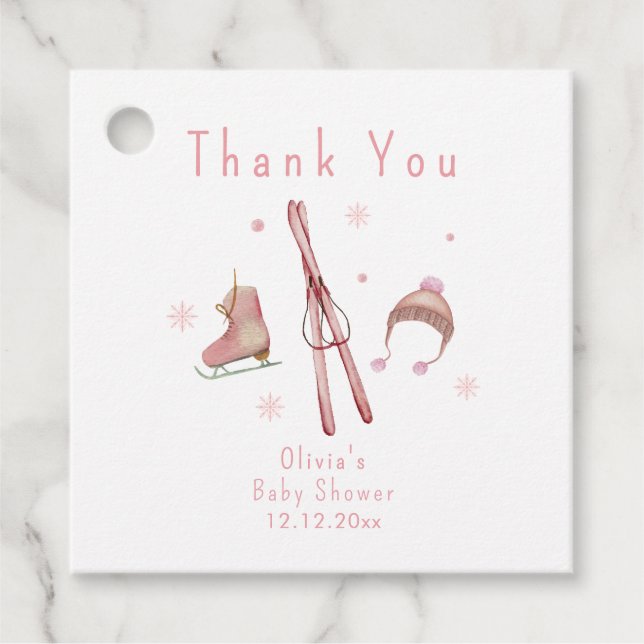 Pink Winter Woodland Après Bébé Ski Baby Shower  Gåvor Etiketter (Framsida)