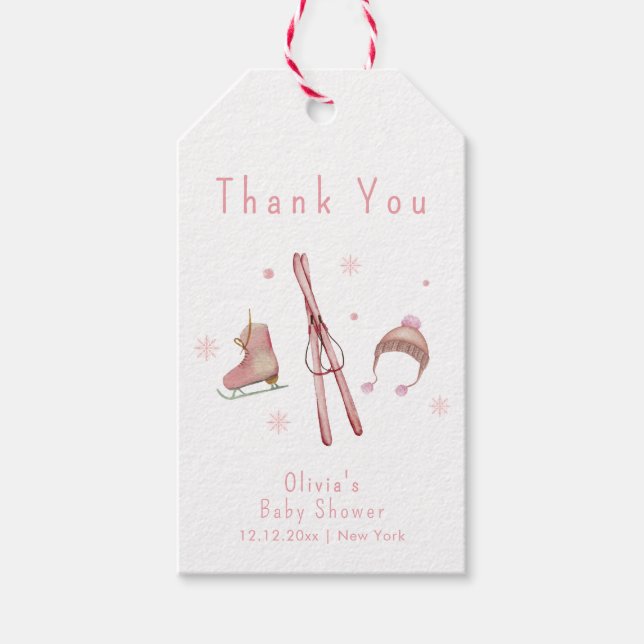 Pink Winter Woodland Après Bébé Ski Baby Shower  Presentetikett (Framsidan)