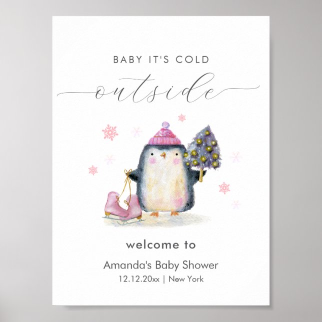 Pink Winter Woodland Penguin Baby Shower Welcome Poster (Framsidan)