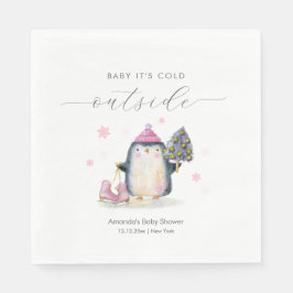 Pink Winter Woodland Skate Penguin Baby Shower  Pappersservett