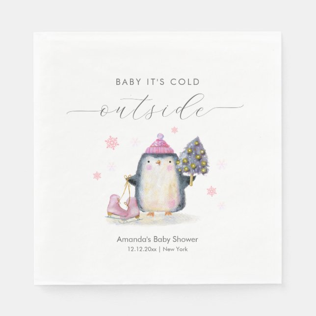 Pink Winter Woodland Skate Penguin Baby Shower  Pappersservett (Framsidan)