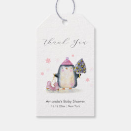 Pink Winter Woodland Skate Penguin Baby Shower  Presentetikett