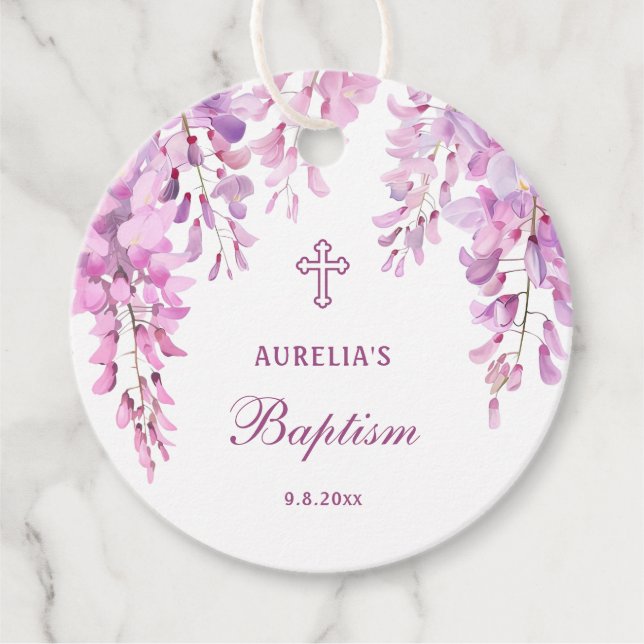 Pink Wisteria Baptism Gåvor Etiketter (Framsida)