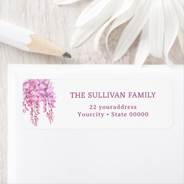 Pink wisteria return address label returadress etikett (Insitu)