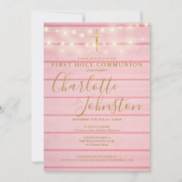 Pink Wood String Lights First Holy Communion Inbjudningar