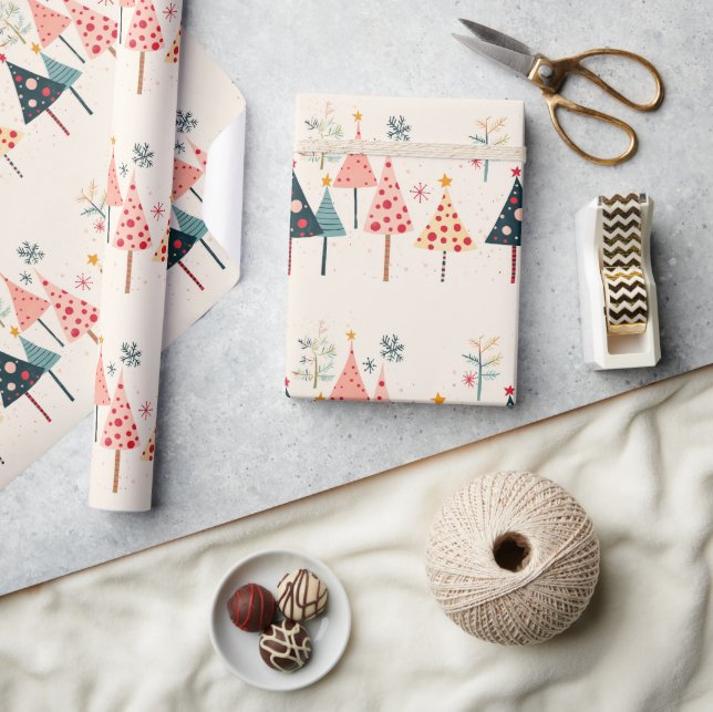 Pink, Yellow, Black, Teal Holiday Trees with Stars Presentpapper (Hantverk)