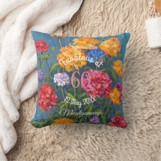 Pink Yellow Carnations on Blue Happy Birthday  Kudde