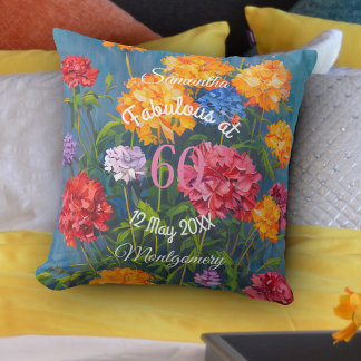Pink Yellow Carnations on Blue Happy Birthday  Kudde
