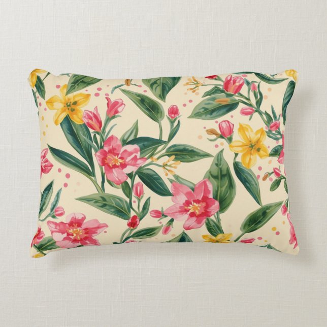 Pink Yellow Flowers, Florals, Blue Stripes Prydnadskudde (Framsidan)