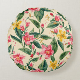 Pink Yellow Flowers, Florals, Green Stripes Round Rund Kudde