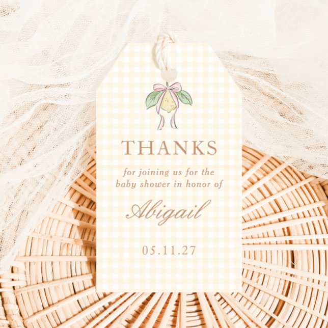 Pink & Yellow Lemon Bow Baby Shower Favor Presentetikett (Skapare uppladdad)