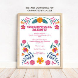 Pink Yellow Mexican Fiesta Bar Menu Sign Poster
