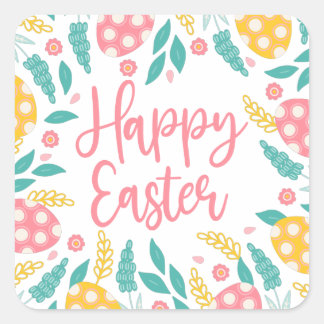 Pink Yellow Pastel Easter Eggs Foliage Fyrkantigt Klistermärke