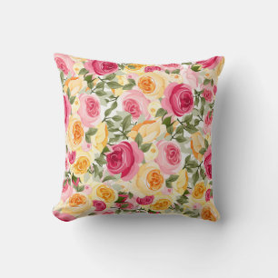 Pink & Yellow Roses Farmhouse Shabby Chic Blommig Kudde