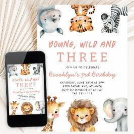 Pink Young Wild and Three Safari Birthday Party Inbjudningar