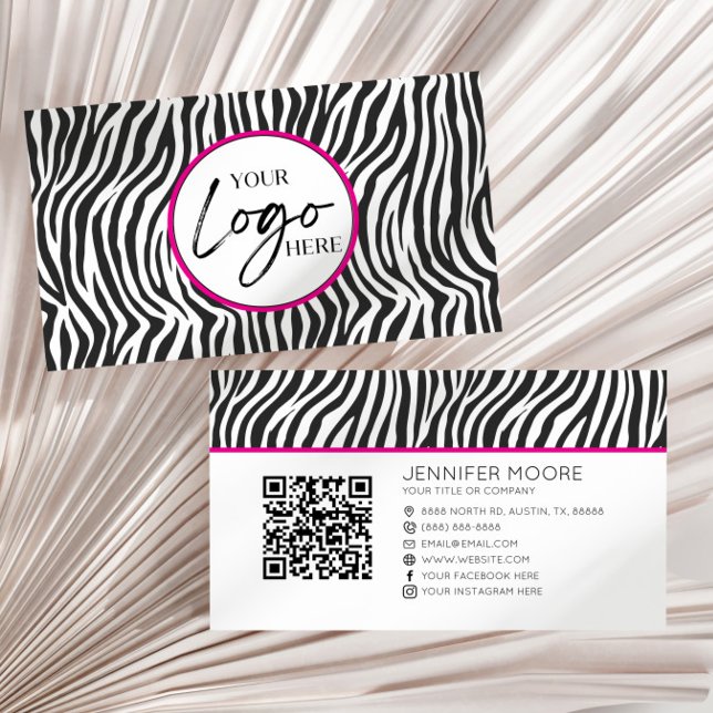 Pink Zebra Print Custom Company Logo QR Code Visitkort (Skapare uppladdad)