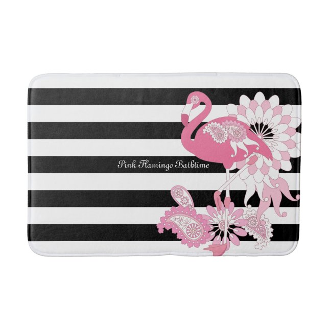 Pinker Flamingo i svart-vit randig design Badrumsmatta (Framsidan)