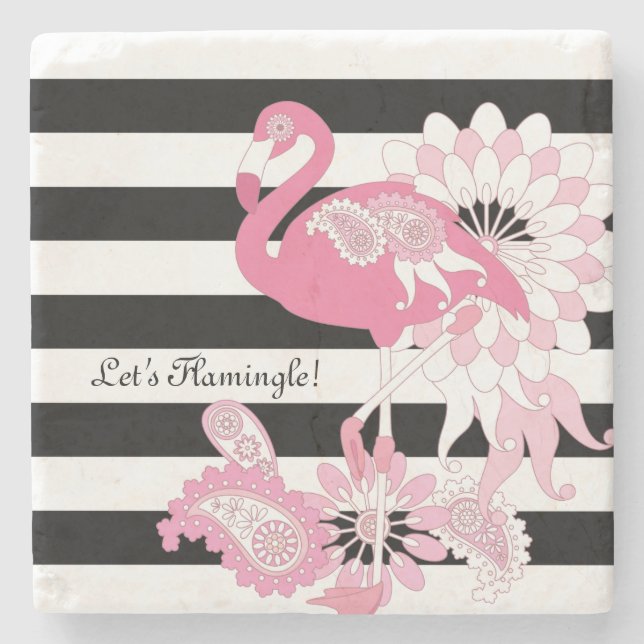 Pinker Flamingo i svart-vit randig design Stenunderlägg (Framsidan)