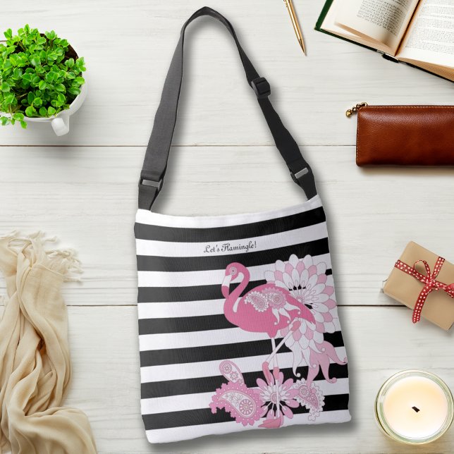 Pinker Flamingo i svart-vit randig whimsy Axelväska (Skapare uppladdad)