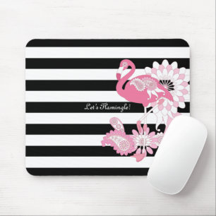 Pinker Flamingo i svart-vit randig whimsy Musmatta
