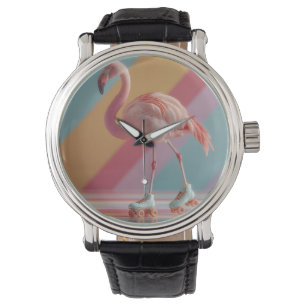 Pinker Flamingo på rullskridskor med fantasifullt Armbandsur