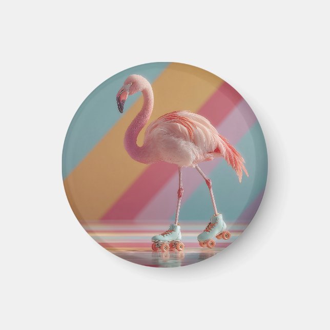 Pinker Flamingo på rullskridskor med fantasifullt  Magnet (Framsidan)