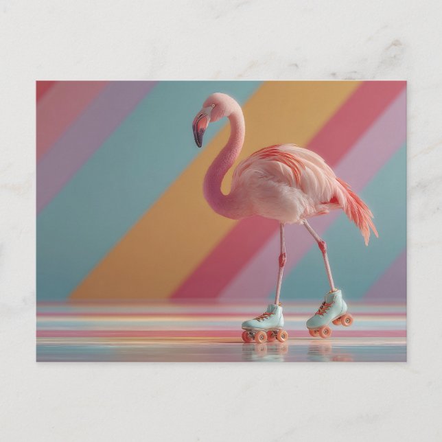 Pinker Flamingo på rullskridskor med fantasifullt  Vykort (Framsida)