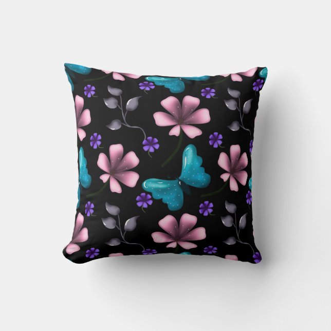Pinker Flortextil och Blå Fjäril Sömlös  Kudde (Framsida)