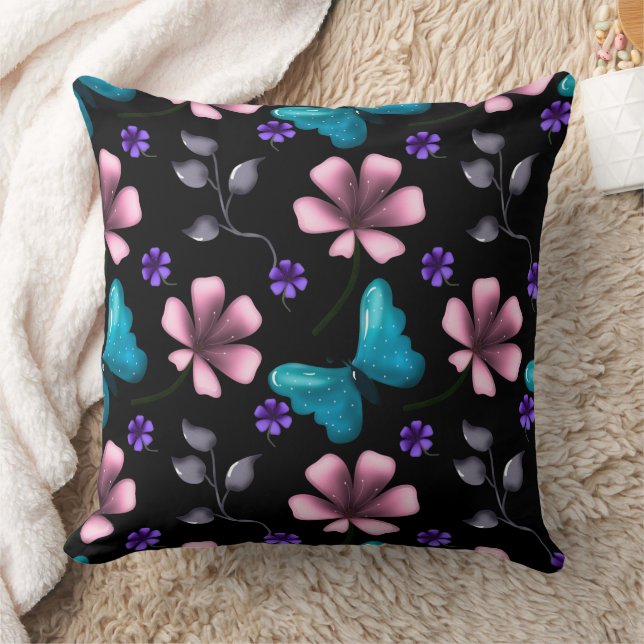 Pinker Flortextil och Blå Fjäril Sömlös  Kudde (Filt)