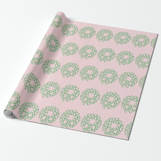 Pinker och grön julkransmönster presentpapper (Utrullad)