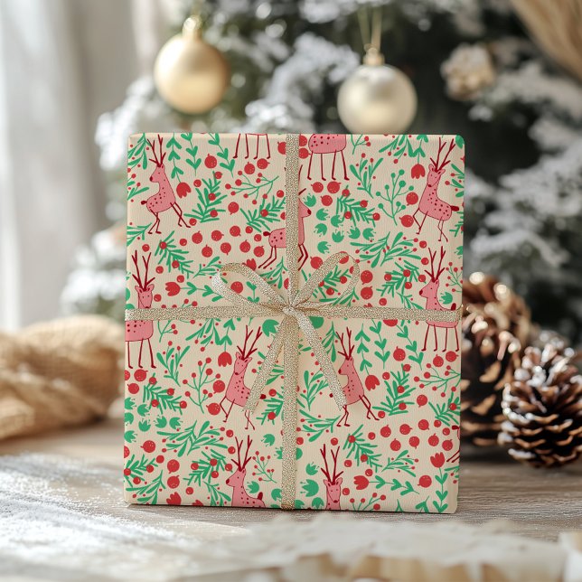 Pinker Pimpel Land Djur och Vinter Grönska Mönster Presentpapper (Skapare uppladdad)