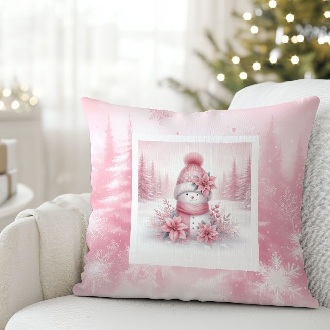Pinker Pinnande Rosa Snöman Pinkmas Skog Kudde (Whimsical Pink Pillow Snowman Pinkmas Forest)