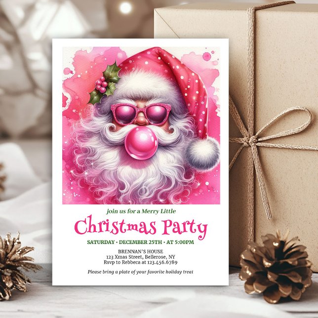 Pinker Pösig Jul-Tomte Bubble-Gum Rolig Jul  Inbjudningar (Whimsical Pink Santa Bubble Gum Funny Christmas Invite

)