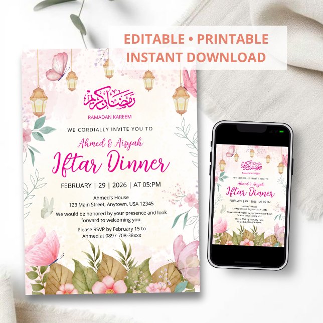 Pinker Pryl Fjäril Blommig Ramadan Iftar Inbjudningar (Skapare uppladdad)