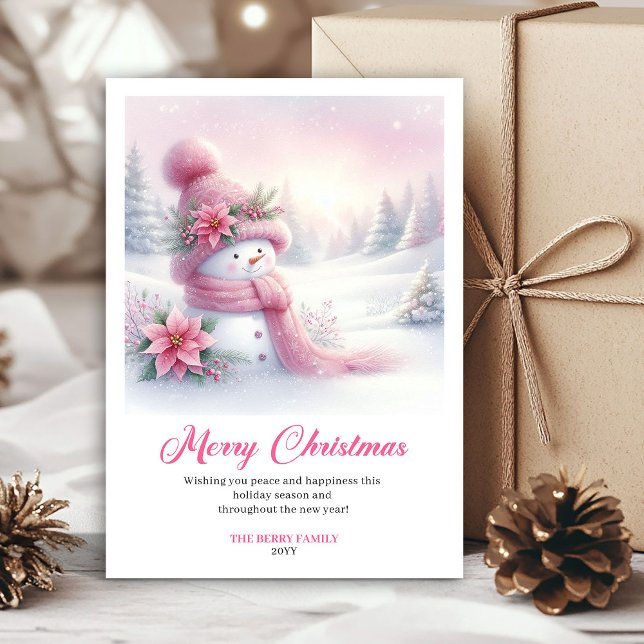 Pinker sak snöman Redigerbar Festiv Scen Kort (Whimsical Pink Snowman Editable Festive Scene Greeting Card)
