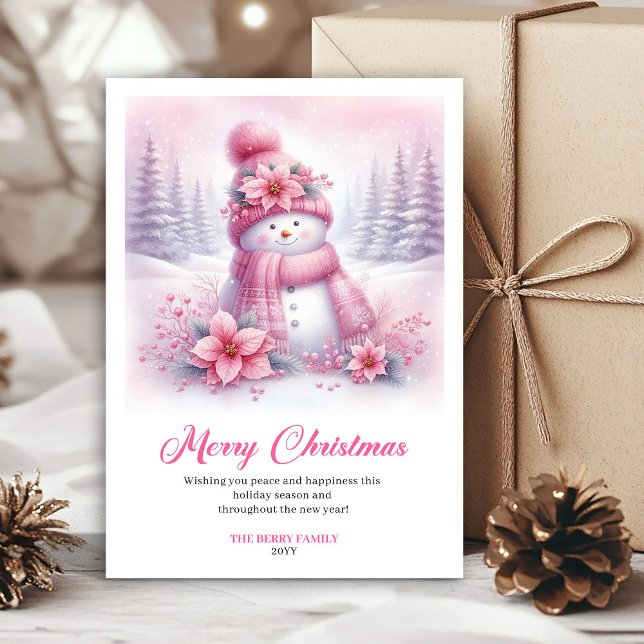 Pinker sak snömannen barn redigerbar jul  julkort (Whimsical Pink Snowman Kids Editable Christmas Greeting Card)