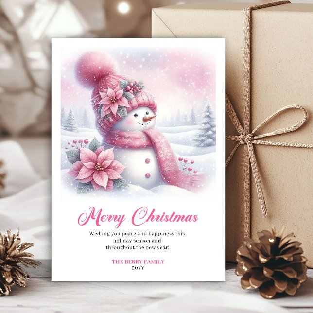 Pinker sak snorman jul barn kort digital (Whimsical pink snowman Christmas kids card digital edit)