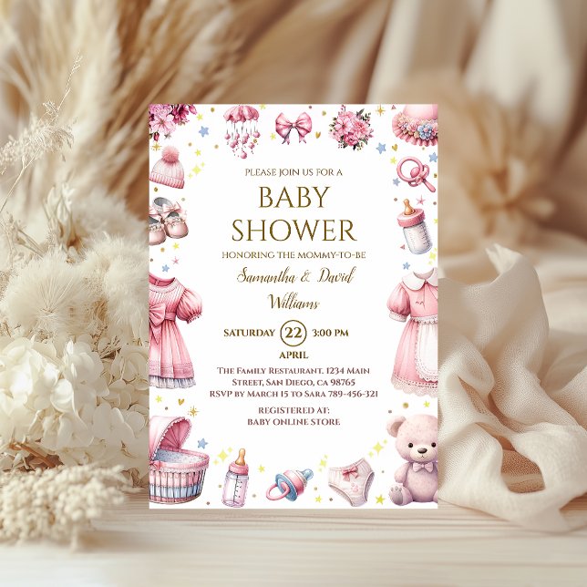 Pinker Whimsisk Elegant Baby Shower Blommig Flick Inbjudningar (Skapare uppladdad)