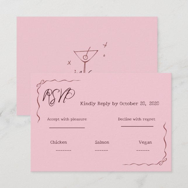 Pinker Whimsy Handskriven Kladdig Bröllops-RSVP OSA Kort (Fram/baksida)
