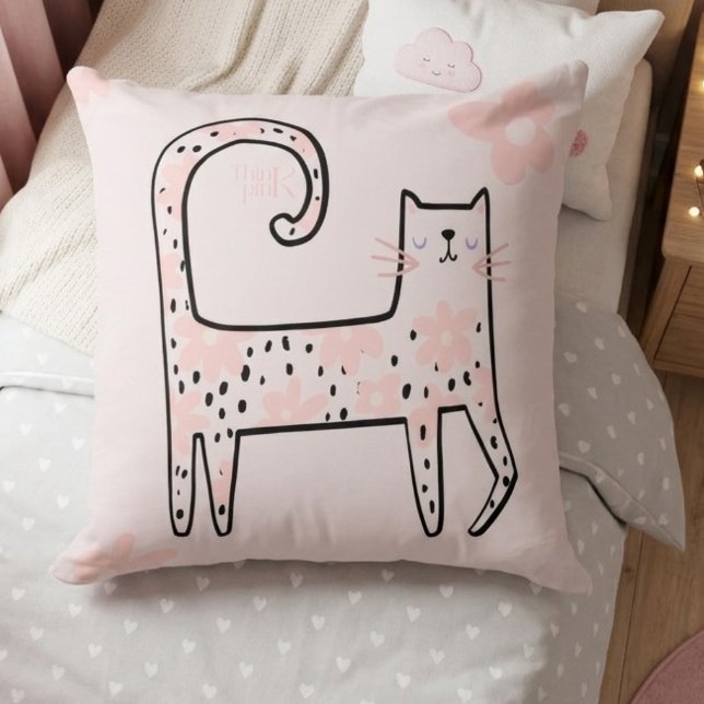 Pinkerier Rosa Blommig Katt Tänk Rosa Kudde (Skapare uppladdad)