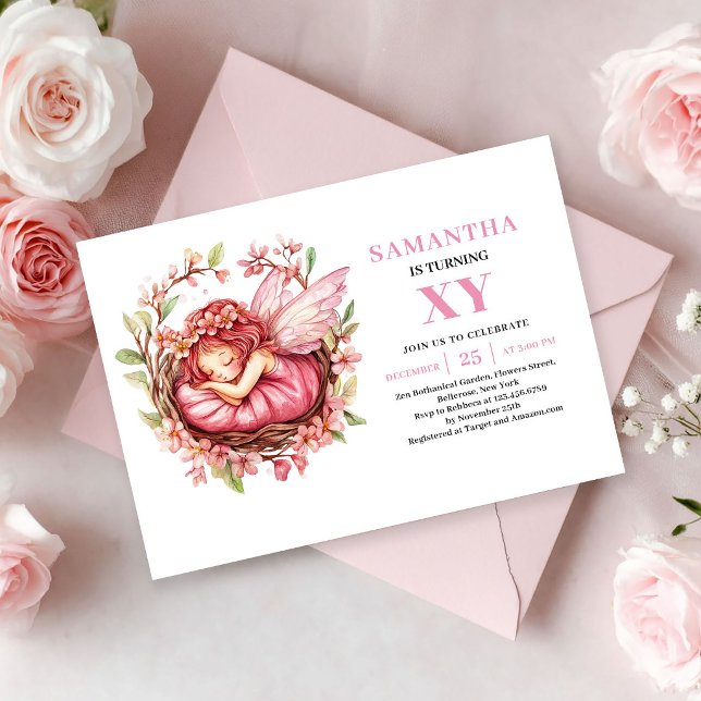 Pinkerigt fantasifull fäbirthday för 6-åriga flick inbjudningar (Whimsical Pink Fairy Girl 6th Birthday Blush invitation)