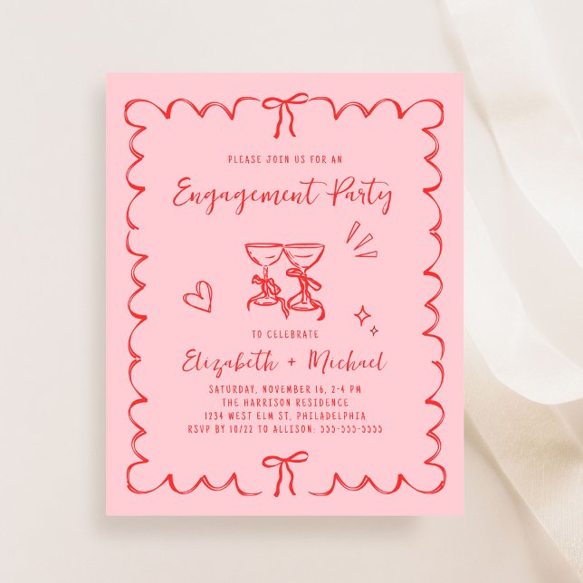 Pinkeröd fantasifull bröllopsinbjudan (Whimsical Pink Red Engagement Party Invitation)