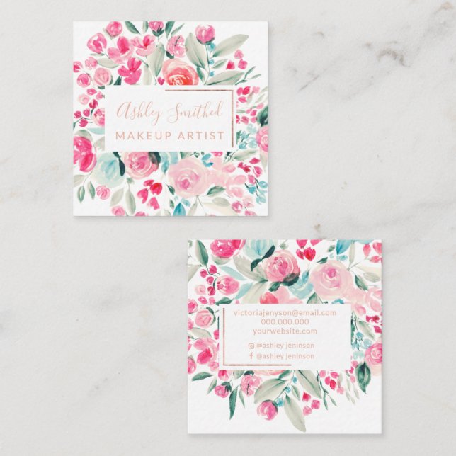 Pinkfloral chic av ro Guld Fyrkantigt Visitkort (Fram/baksida)