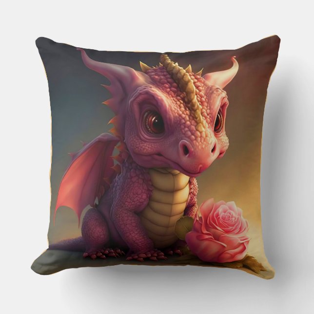 Pinkie - Rosa Drak med en Ros Kudd  Kudde (Framsida)
