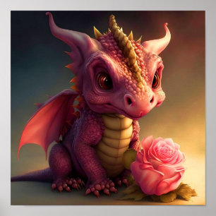 Pinkie - Rosa Drakon med en Ros Affisch Konst