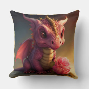 Pinkie - Rosa Drakon med en Ros Kudd Kudde