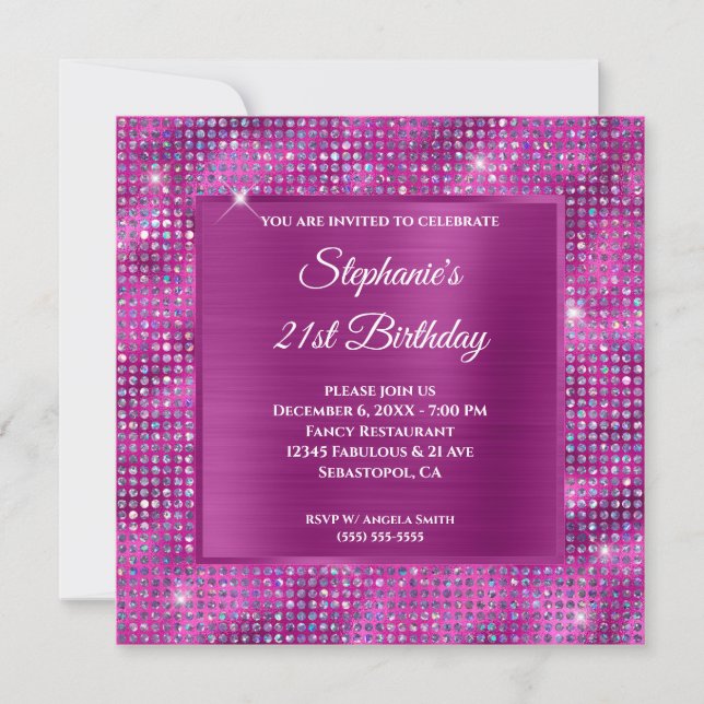 Pinkish Lila Diamond Studed Foil 21 Birthday Inbjudningar (Framsida)