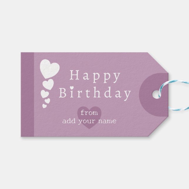 Pinkish Lilac Birthday Hearts Gift Märkres Presentetikett (Framsidan (Horisontell))