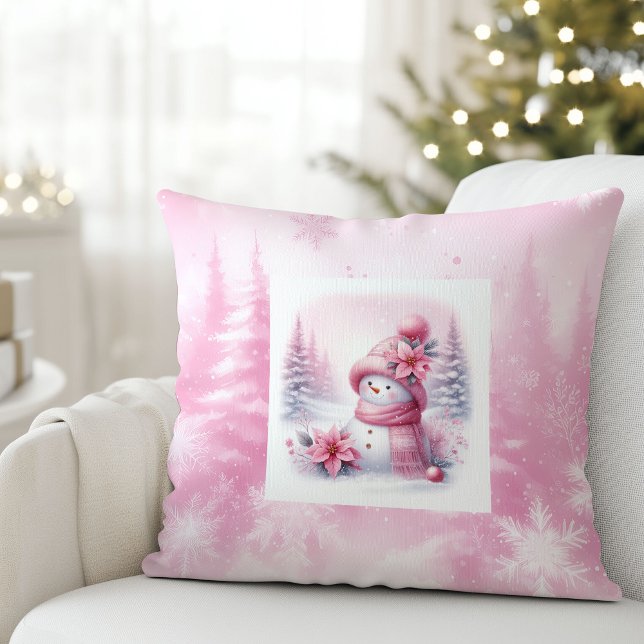 Pinkmas Winter Scene Snowman Pillow Kids Room Kudde (Pinkmas Winter Scene Snowman Pillow Kids Room)