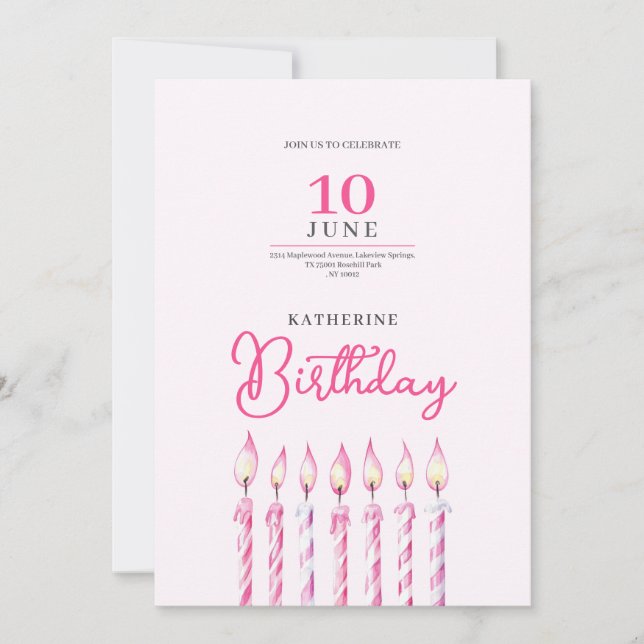 pinky candles girl birthday invitation inbjudningar (Framsida)